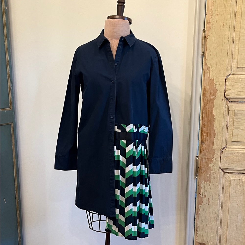 Navy and Green Geometric Long Sleeve Dress